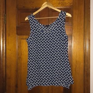 Blue, black and white, sleeveless sheer top